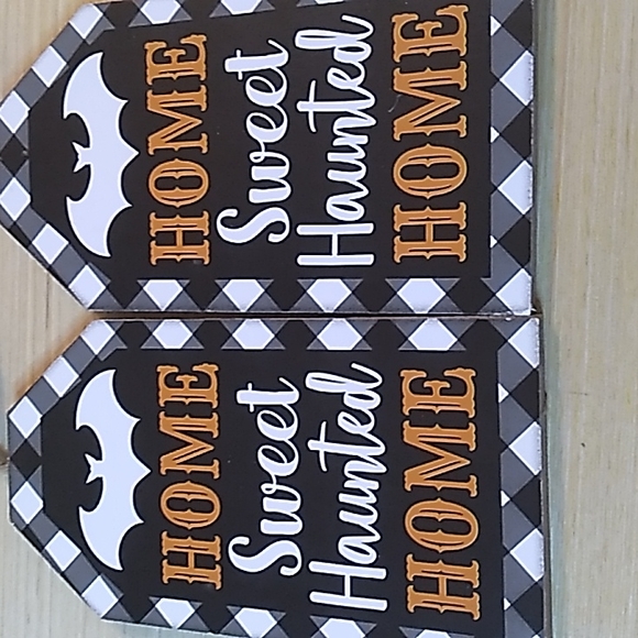 2 Wooden Signs Home Sweet Haunted Home.  3x5.5 inches w Bat - Picture 2 of 4